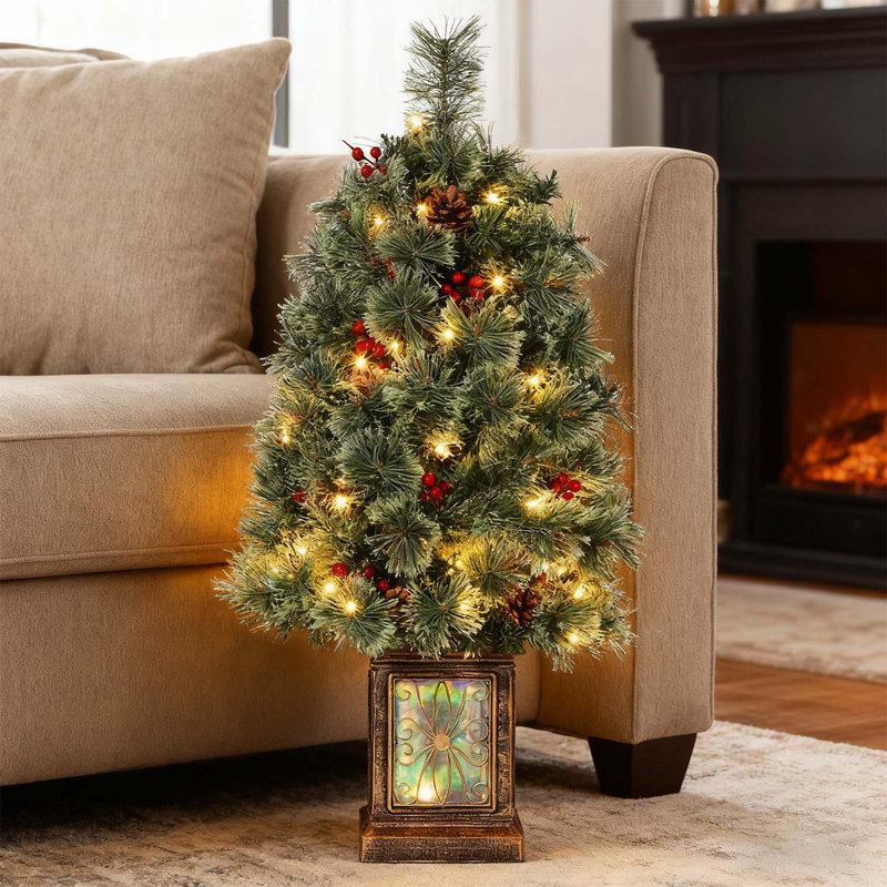 Petit arbre de Noël de 3 pi avec lumières et pot rétro pour les décorations de fêtes d'entrée de bureau à domicile