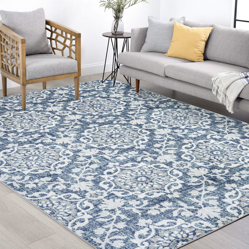 Korth Damask Area Rug, Rectangle 5' x 8', Blue/Gray/White