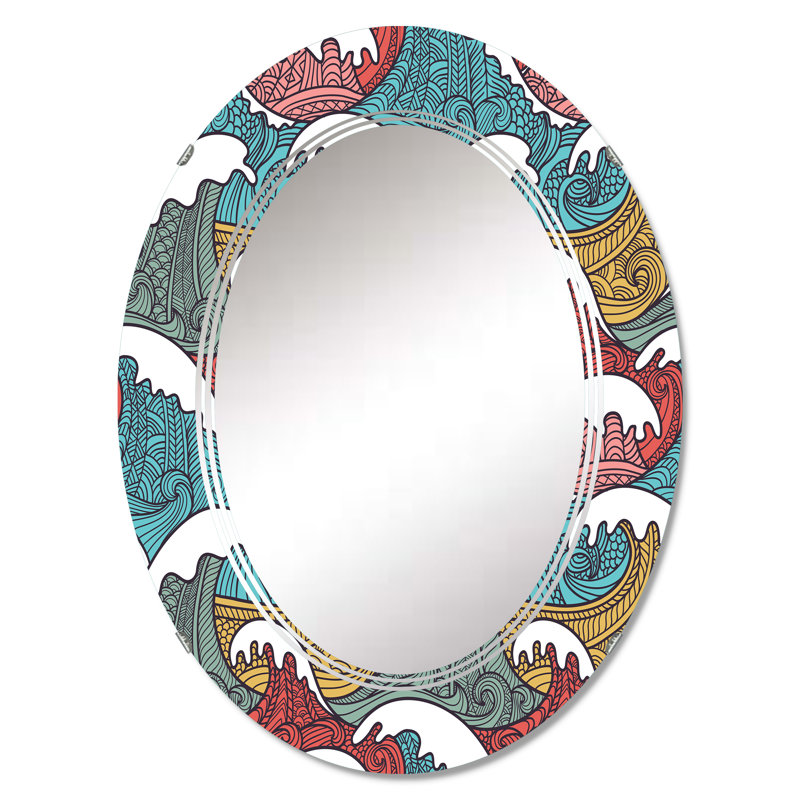 Vagues japonaises rouges, bleues et grises - Miroir mural nautique et côtier ovale, 36 po x 24 po