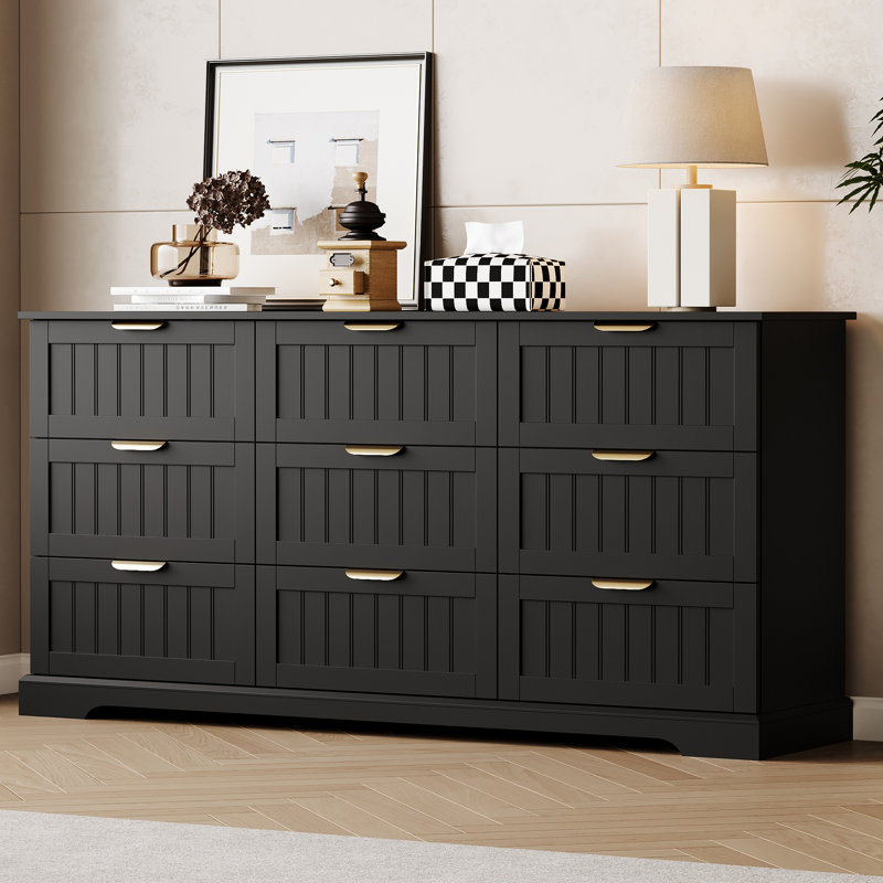 9-Drawer Dresser, 63"W Modern Chest of Drawers with Metal Handle, Black