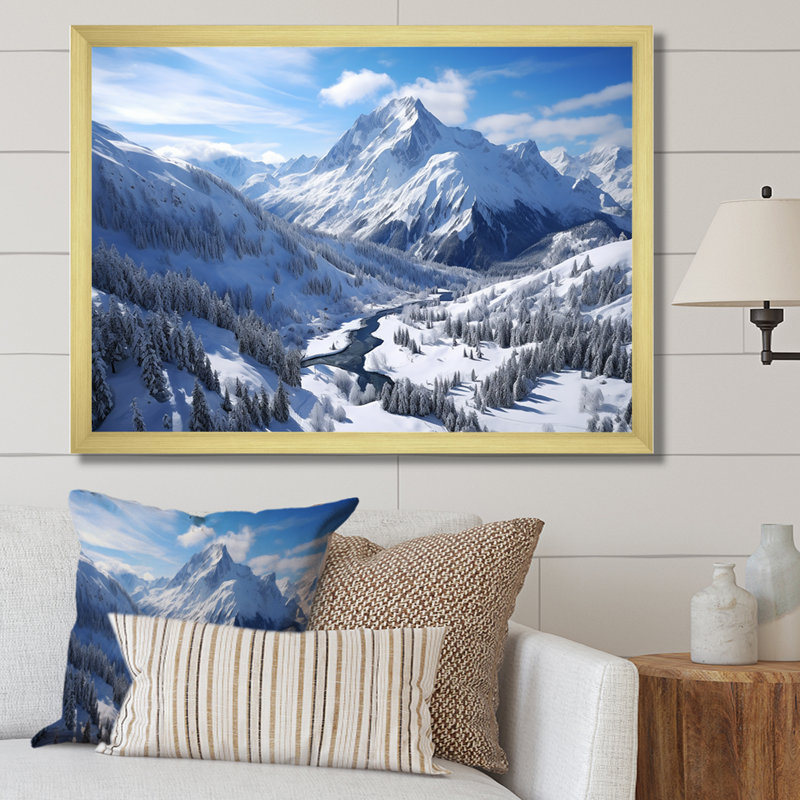 Paysage de montagne d'hiver - Vallée d'hiver, Cadre doré à coins fermés, H 12 po x l 20 po x P 1 po