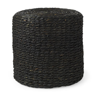 18" Black Water Hyacinth Round Pouf Ottoman