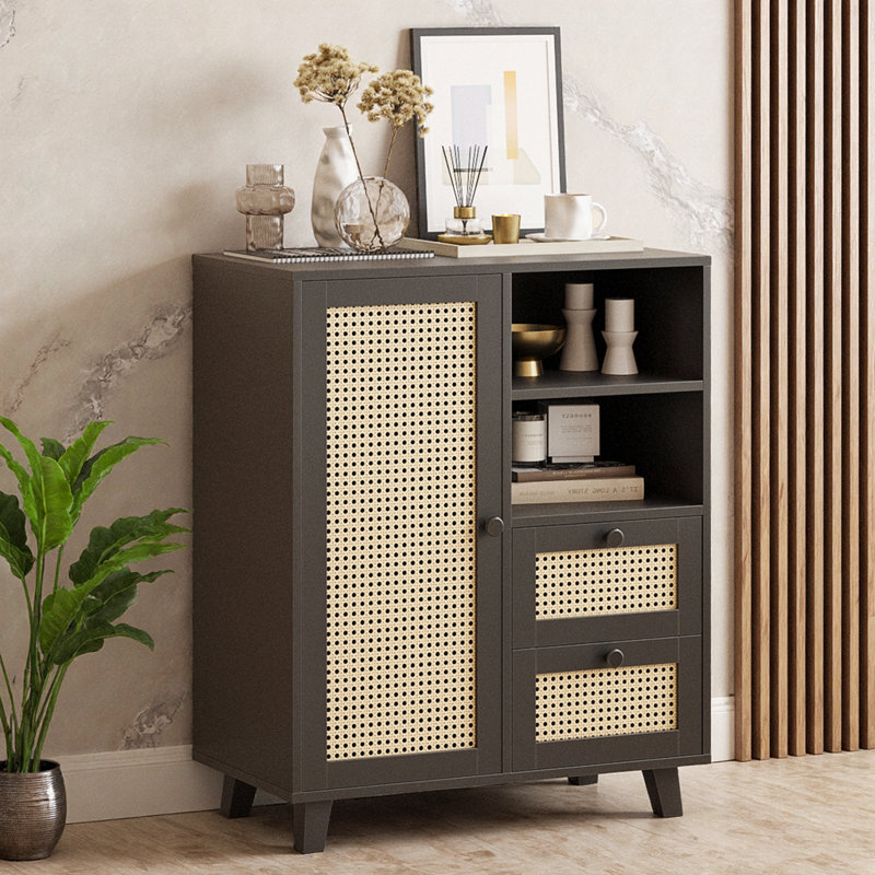 Rattan Buffet Cabinet With Drawers And Adjustable Shelf, Sideboard Storage Cabinet, Black