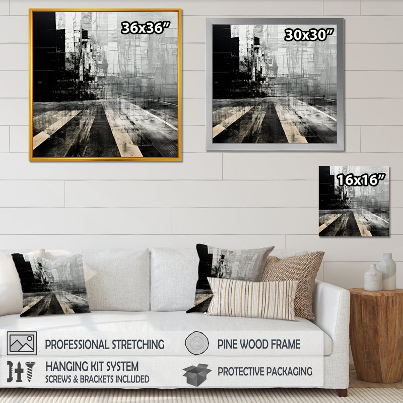 Paysage urbain noir et blanc - art mural, Cadre simple blanc, H 24 po x l 24 po x P 1 po