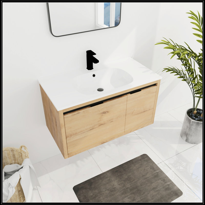 Meuble-lavabo mural 36 po avec lavabo gel, Imitation chêne