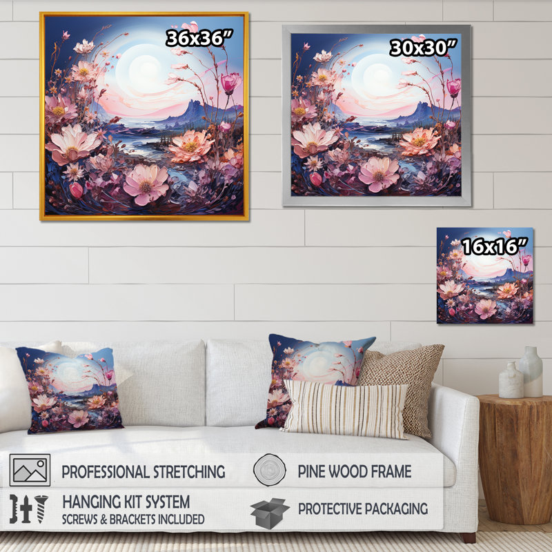 Lune mauve avec paysage de rêve, H 24 po x l 24 po x P 1 po, Cadre flottant blanc