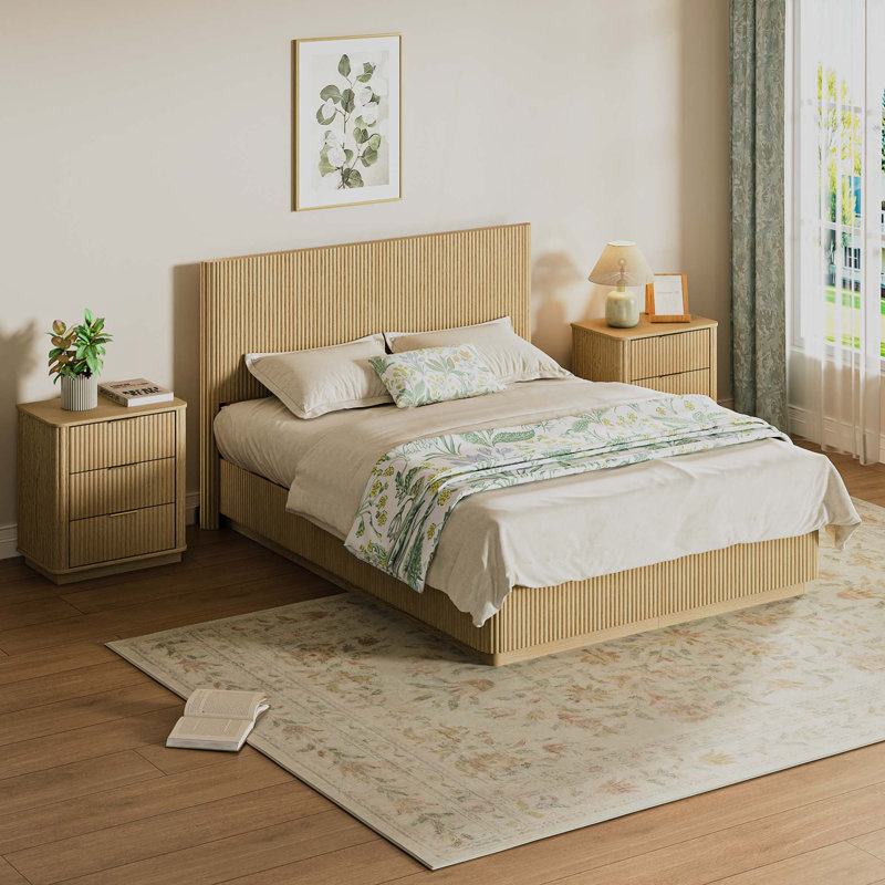 Bed Frame with LED Lights, Modern Wooden Corrugated Curved Lines,Convex Groove Board Design, Queen, Oak