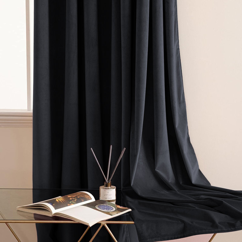 Thermal Velvet Curtains with Eyelet Ring Top - Blackout Crushed Velvet Drapes Pair, Black, 168cm Width x 183cm Drop