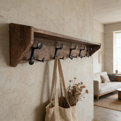 Portemanteau mural avec tablette, organisateur de hall d'entrée de 35 pouces avec 5 crochets triples, tablette flottante en bois massif légère et robuste pour le couloir, le salon, la chambre à coucher et le vestibule