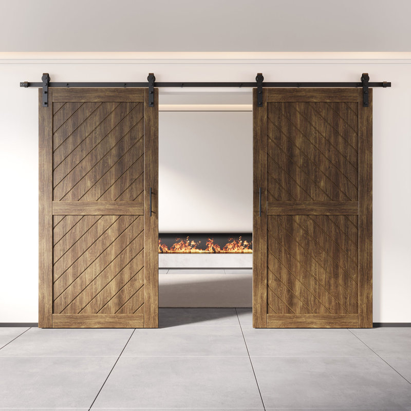 Homacer Dark Walnut Unassembled & Finished Slanted Stripe Design Two Barn Door with Non-Bypass Installation Hardware Kit, interior use only