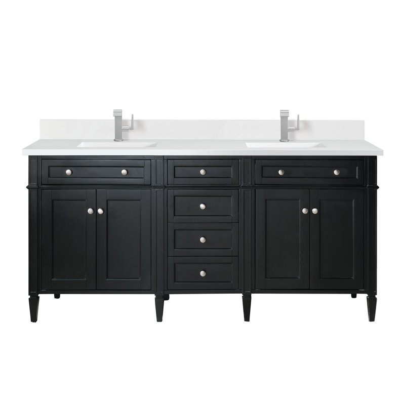 Meuble-lavabo double l 72 po Dussault, Noir onyx, Blanc Zeus, Trou unique