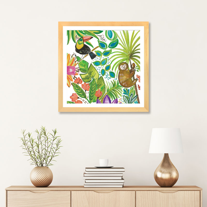 Art tropical encadré, H 24 po x l 24 po x P 1 po, Papier beaux-arts encadré bois naturel