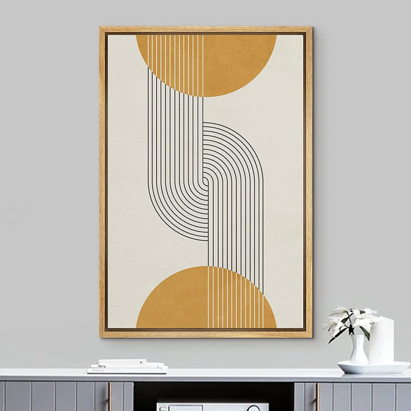 Mid-Century moderne, Boho, dessin au trait foncé, illusions avec sphères jaunes - impression sur toile, L 24 po x H 36 po