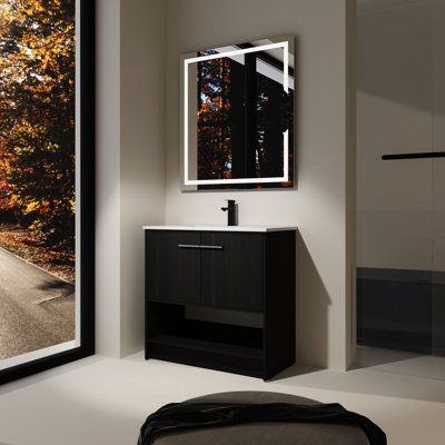 Meuble-lavabo 36 po avec lavabo en céramique, armoire en contreplaqué, 2 portes, autoportant, meuble-lavabo autoportant à thème en chêne noir, lavabo, fabrication d'armoire, abat-jour de finition