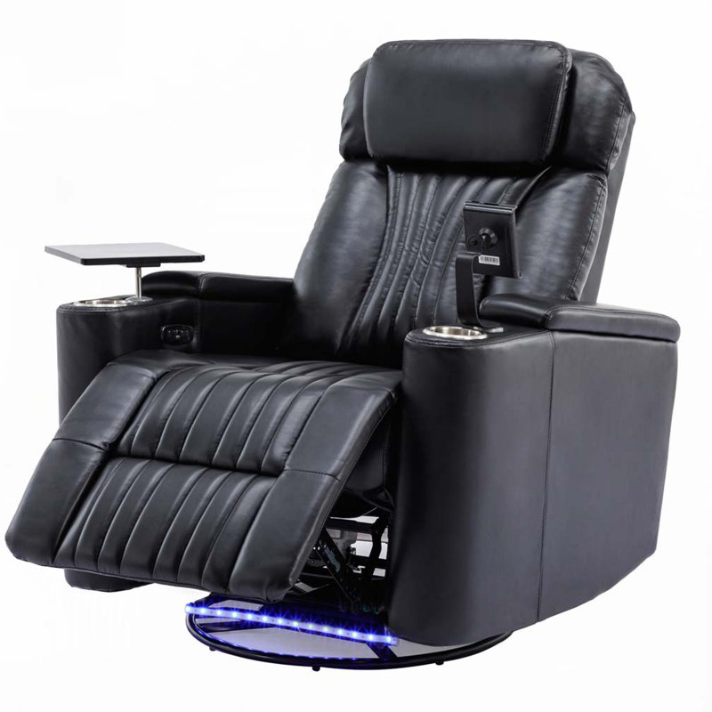Finnegan 270° Power Swivel Recliner with LED & Hidden Storage, Black PU Leather