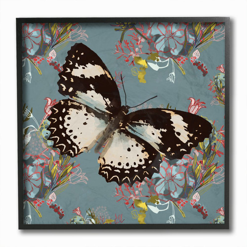 « papillon on blue rose pattern design abstract design » par karen dreyfus-impression sur image, Giclée encadrée noir minuit
