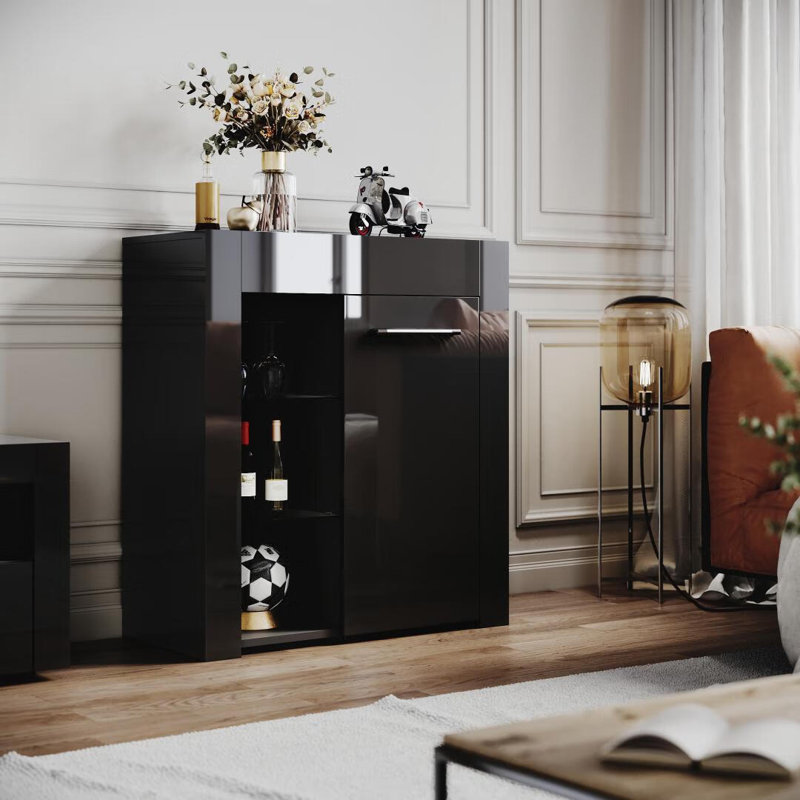 83*75*35cm Small Display Cabinet with RGB Colour Variations and Tempered Glass Shelves, Black