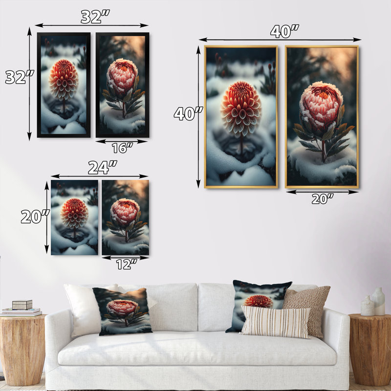 «A Blooming Red Dahlia Flower In Winter», 2 pièces sur toile, Encadrement doré, H 32 po x l 32 po