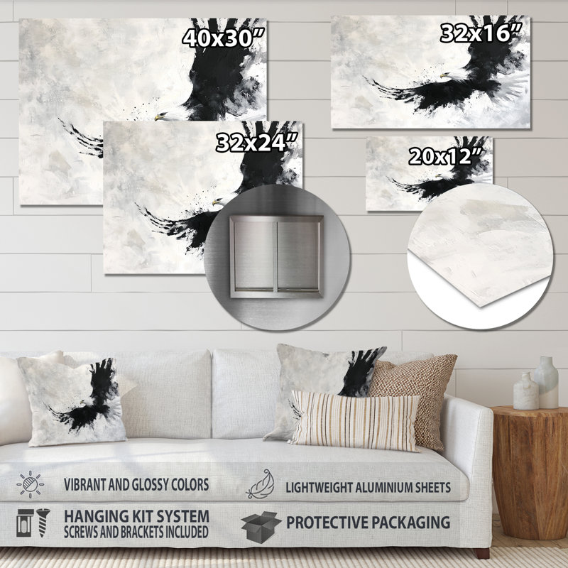 «Black and White Eagle Soaring - Animals», impression murale en métal, H 16 po x l 32 po