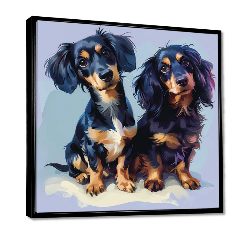 Portrait de deux adorables teckels - reproduction d'art mural chien, Toile avec cadre noir, H 16 po x l 16 po x P 1 po