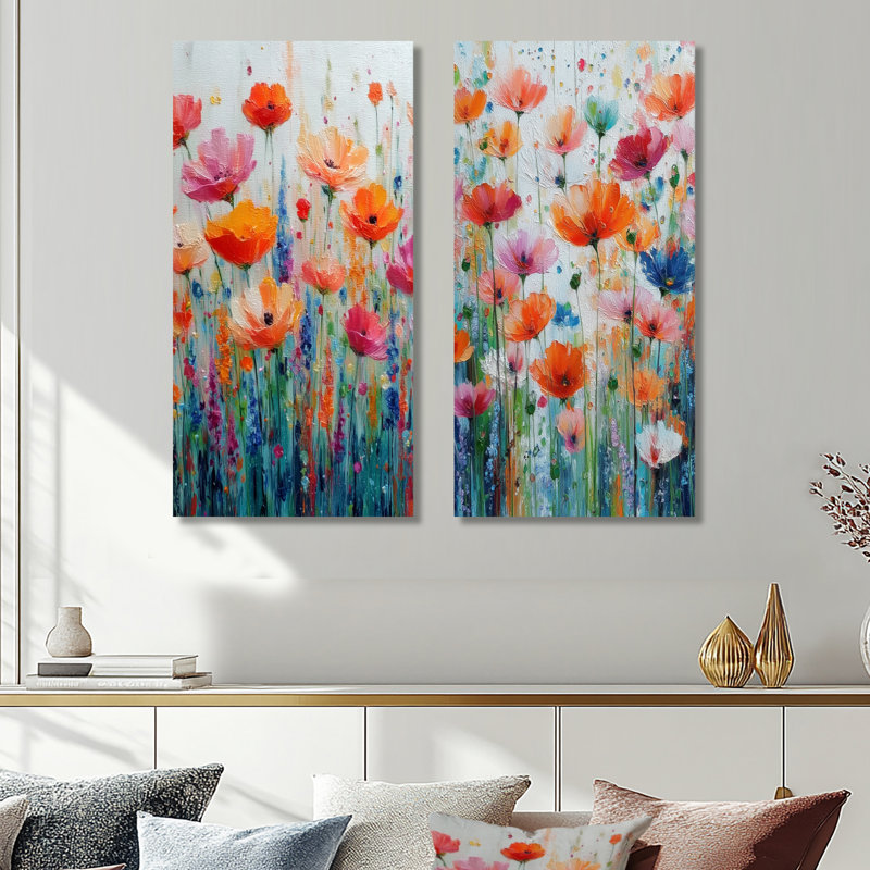 «Vibrant Meadows On Summer Daisies», art sur toile, ensemble de 2 fleurs murales orange, H 40 po x l 40 po, Toile tendue