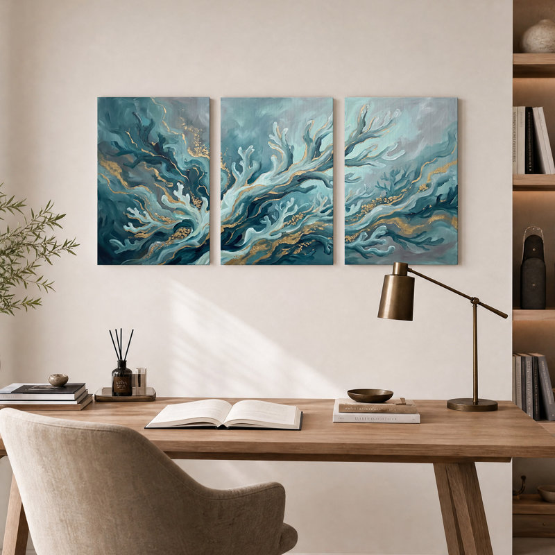 Ensemble de 3 toiles murales abstraites aux formes ramifiées turquoise et or, 18"H x 12"W x 3pcs