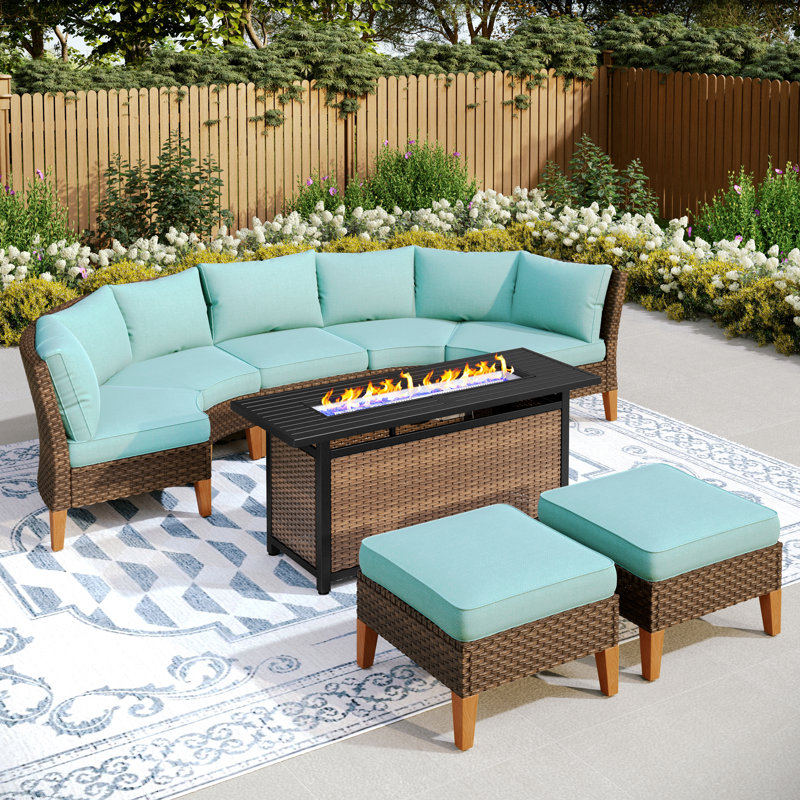 Argyri 7 Piece Wicker Outdoor Patio Conversation Furniture Sectional Set with Fire Pit Table, Blue, Yes