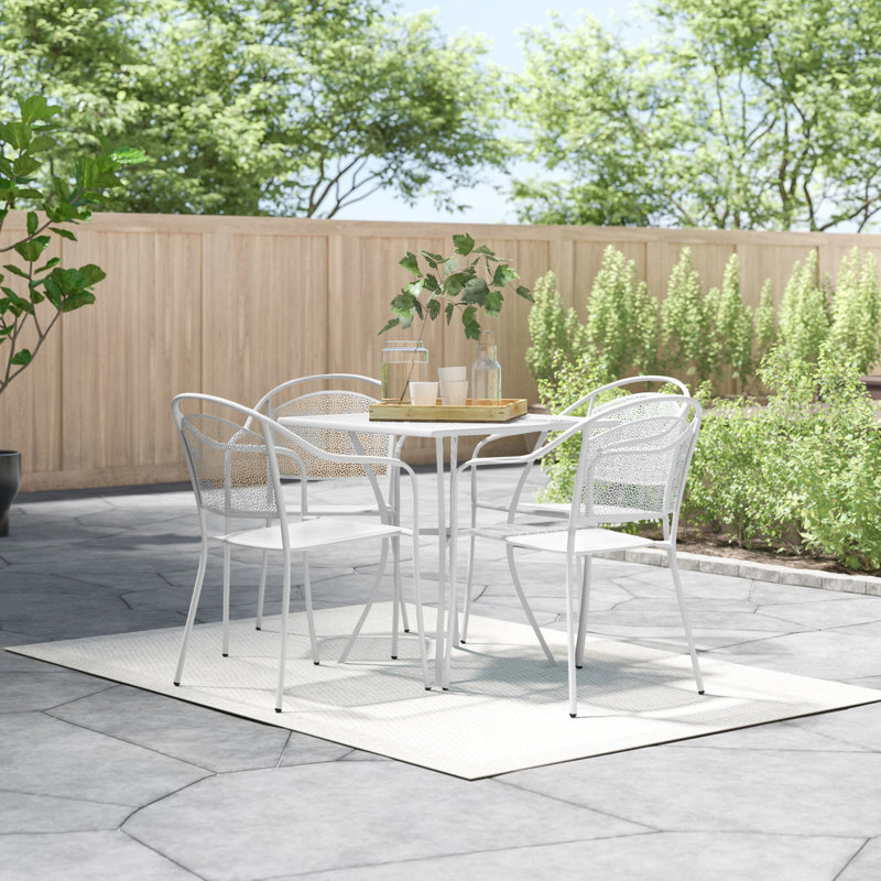 White 28" Square Steel Patio Table Set with 4 Round Back Chairs
