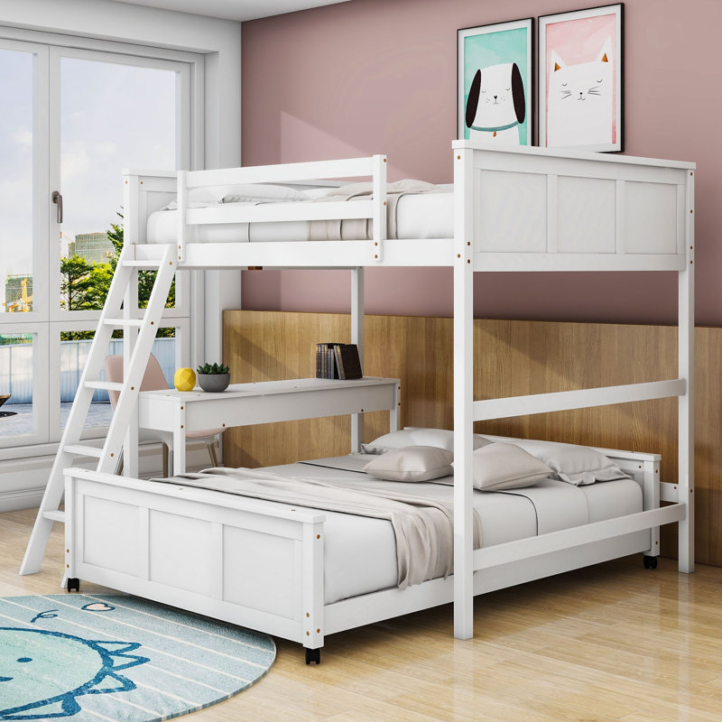 Jathon Wood Bunk Bed With Desk And Two Drawers, Full Over Full, White