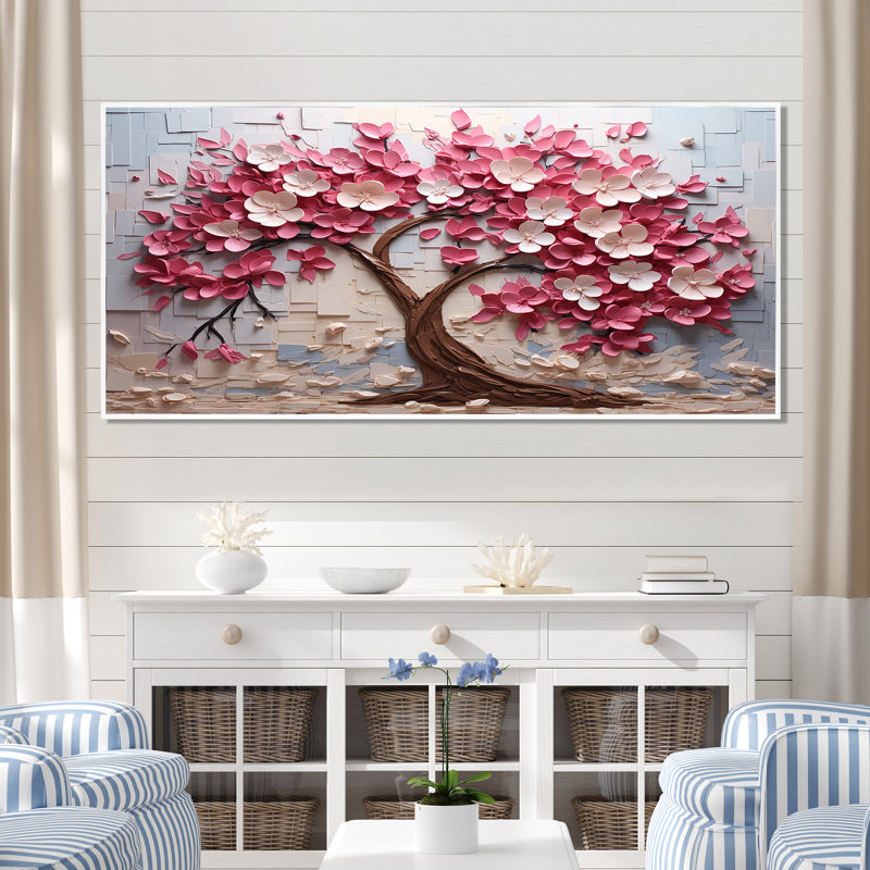 Orchidée rose et blanche, branches II - art mural arbre, H 28 po x l 60 po x P 1,5 po, Cadre flottant blanc