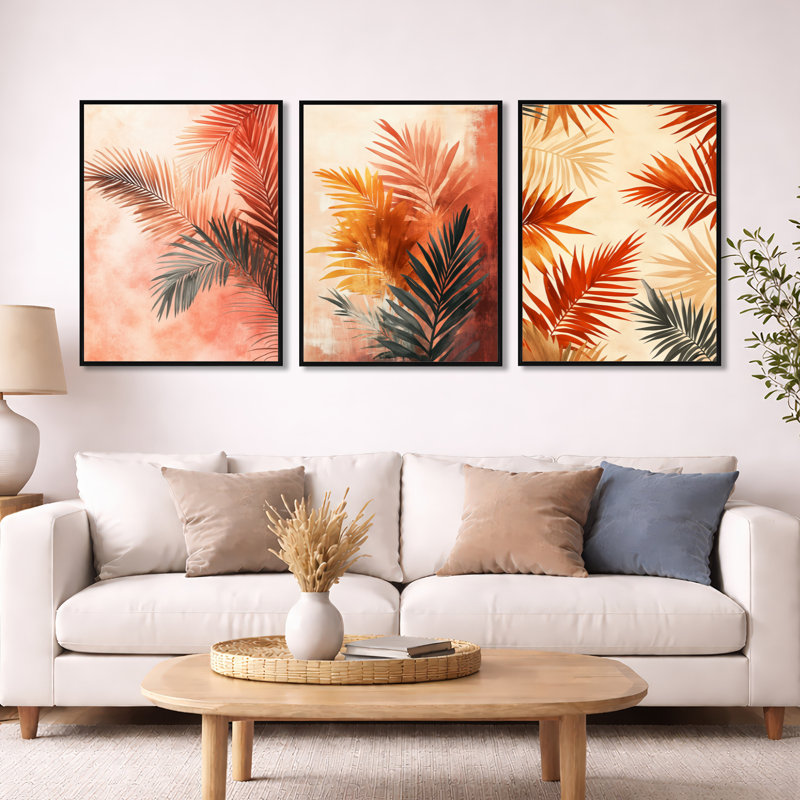 «Terracotta Palm Vibes - Pink Palms», ensemble de 3 reproductions d'art sur toile, H 32 po x l 72 po, Cadre flottant noir