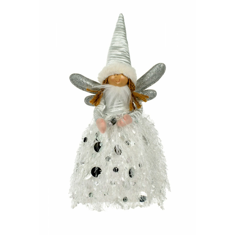 Figurine de poupée ange en tissu blanc / argenté avec ailes argentées