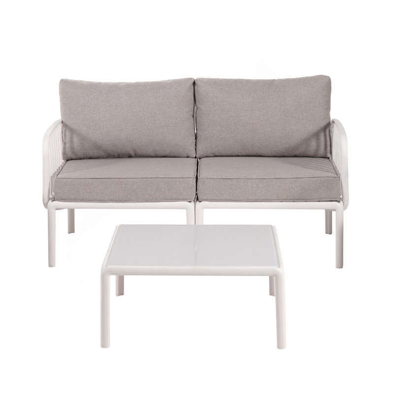 Ensemble de conversation pour patio 3 pièces, ensemble de mobilier modulaire d'extérieur moderne avec table basse carrée, coussin épais et imperméable pour porche, balcon, blanc et gris clair