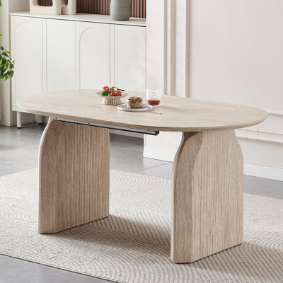 Table de salle à manger en bois extensible, table de cuisine ovale moderne avec un design à deux piliers élégant, parfait pour la salle à manger et le rassemblement, multifonctionnel et peu encombrant, salon et salle à manger.
