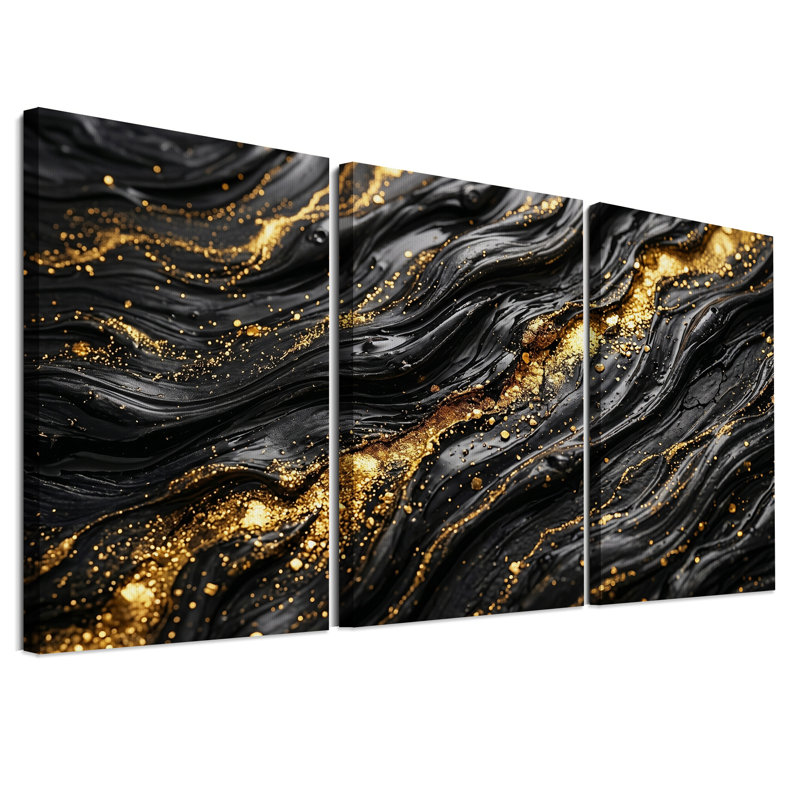 Ensemble de 3 toiles murales abstraites à texture fluide noire et or, 18"H x 12"W x 3pcs