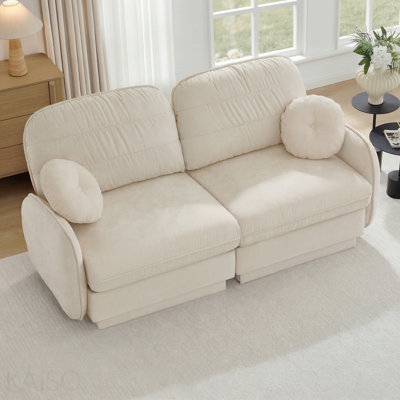 Chenille Cloud Loveseat - Round Pillows, Quilted Back, Recessed Legs - Cream Beige