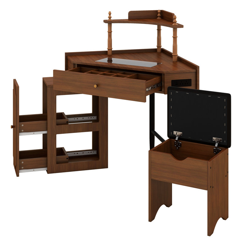 Bureau de coin de coiffeuse avec tiroirs, tabouret de rangement rembourré et station de charge, bureau de maquillage en bois avec armoire latérale amovible et tablette