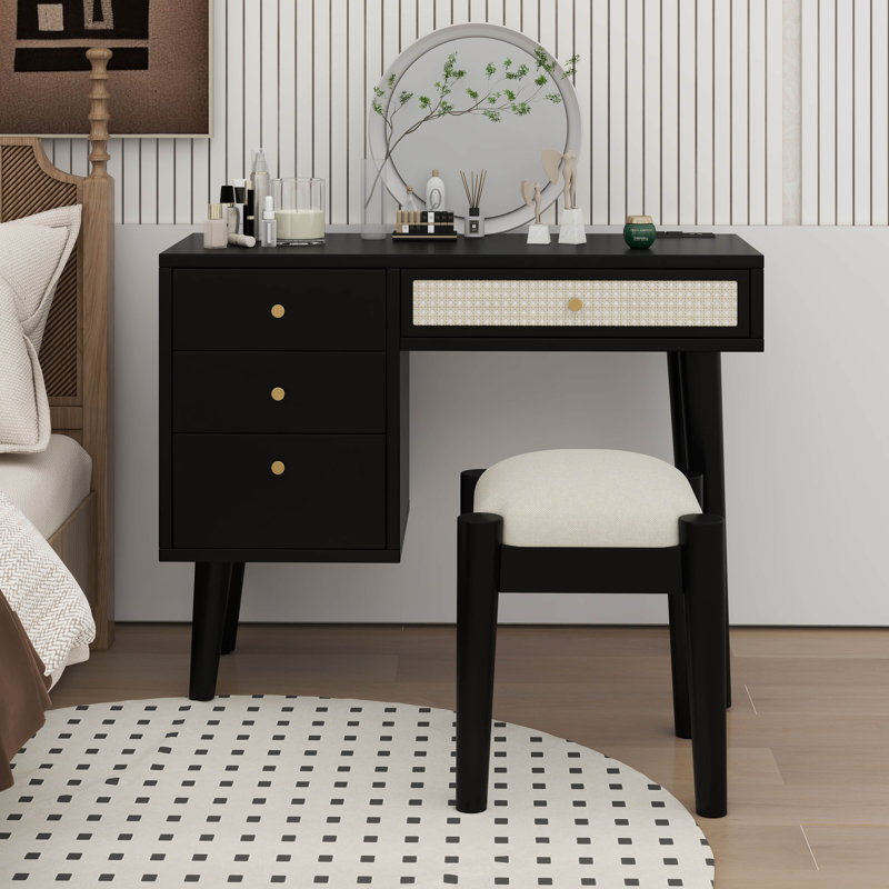 Ensemble coiffeuse en bois de style rétro avec prise de recharge, ports USB et tabouret rembourré, Noir
