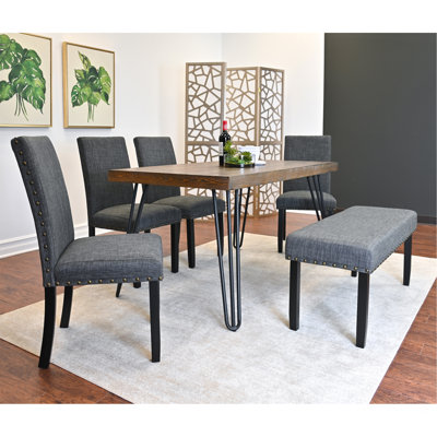 Ensemble de salle à manger 6 pièces, table de salle à manger en épingle à cheveux avec 4 chaises et banc de revêtement, 3 options de couleurs