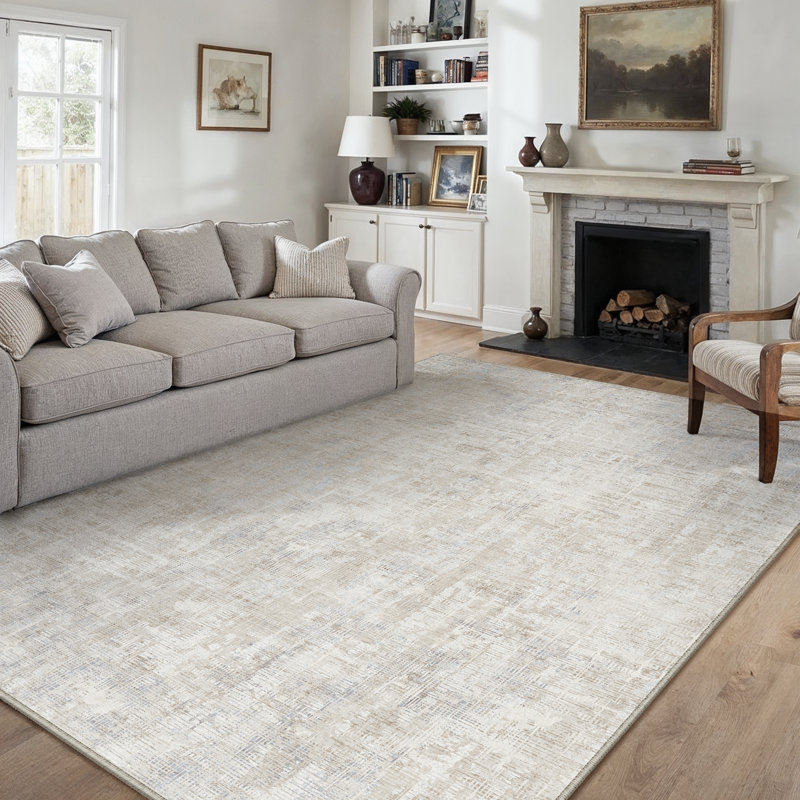 Tapis beige élégant et lavable à la machine, Rectangle 6 pi x 9 pi