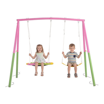 Heavy-Duty Steel Swing Set with Saucer and Belt Swings, Pink, 330 lbs Capacity