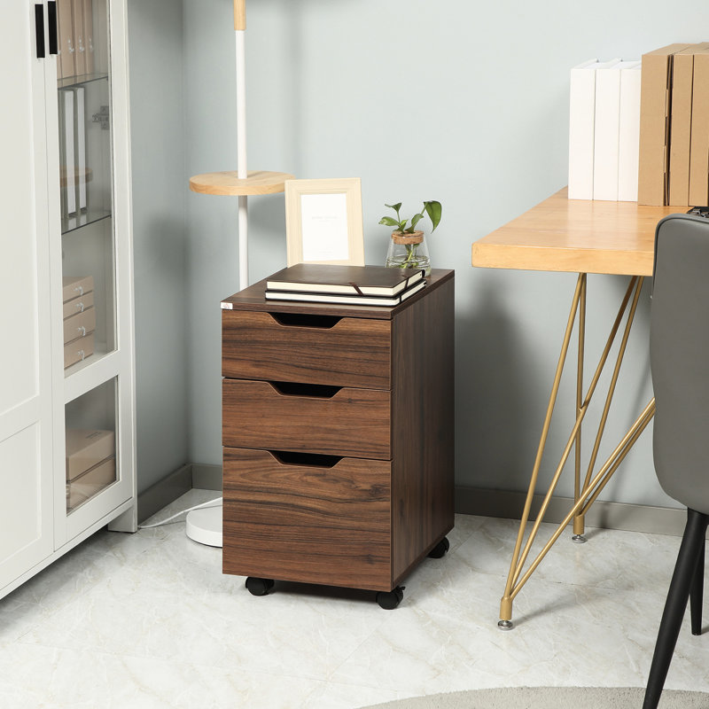 3 Drawer Cabinet For Office, Brown Wood Grain, Smooth Rolling Wheels Office Cabinet, , Grain Finish, Enhance Appearance