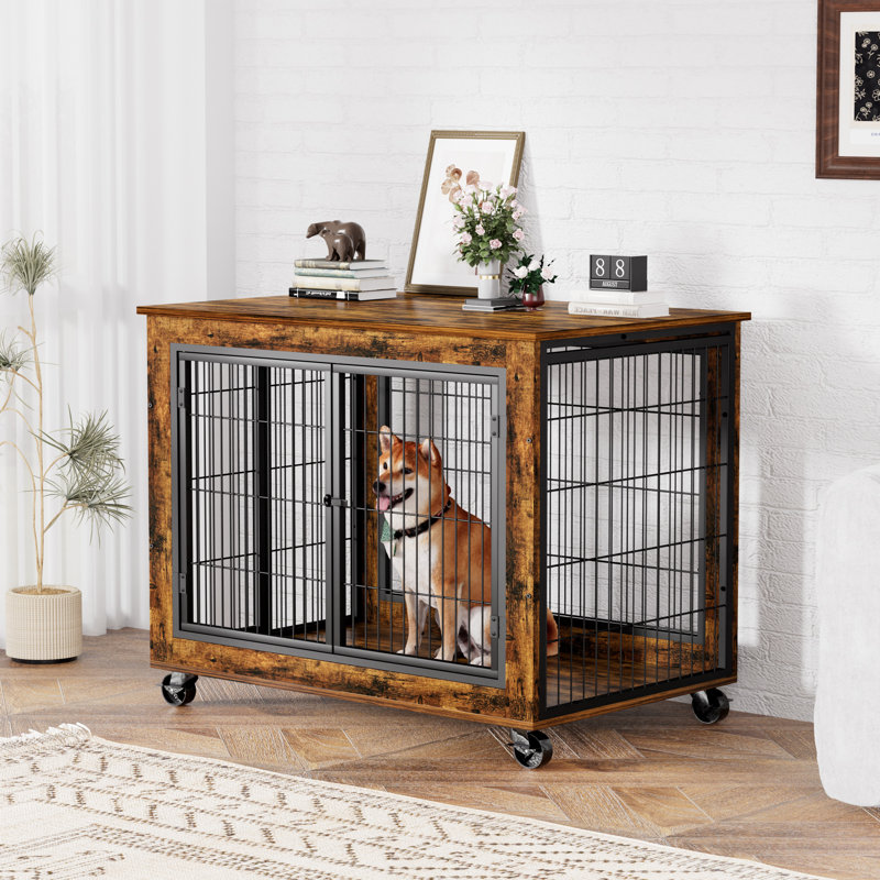 Grande cage pour chien de style meuble, table de bout pour chenil avec trois portes, H 27 po x l 39 po x P 25 po, Brun
