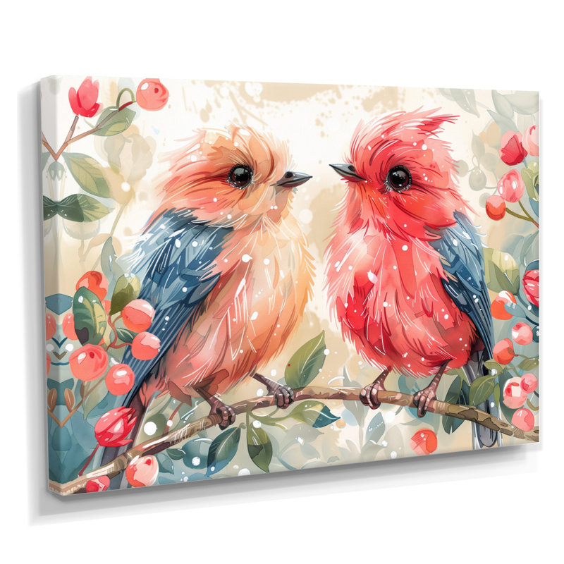 Inséparables roses et bleus sur une branche, Toile tendue, H 12 po x l 20 po