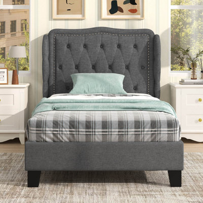 Twin Size Bed Frame With Button Tufted Wingback Headboard Wooden Slats Support