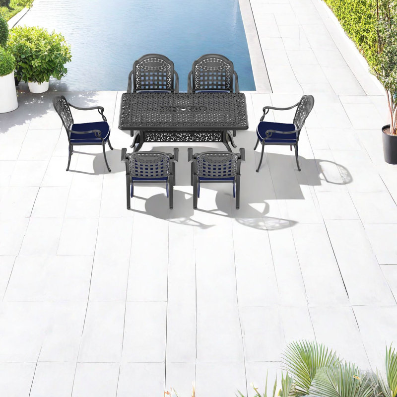 Élégants ensembles de salle à manger de patio en aluminium coulé 7 pièces, design noir moderne pour la détente en plein air