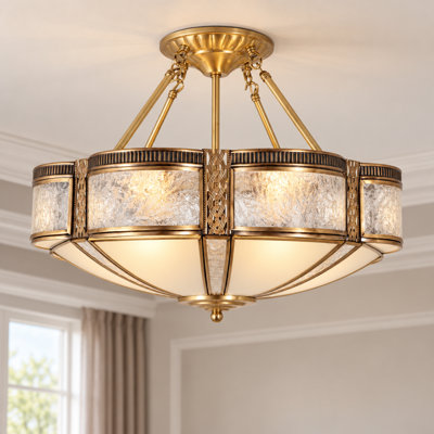 American Style Semi Flush Mount Ceiling Light, Brass Glass 4 Light Dimmable Fixture For Living Room Bedroom