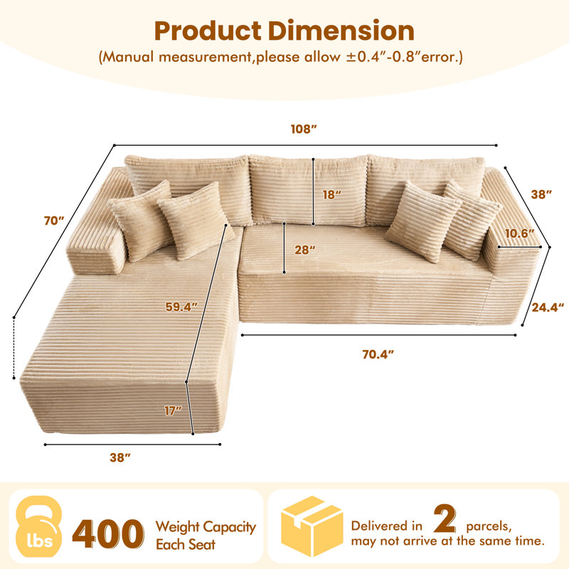 Canapé modulaire rembourré 2 pièces Boneless, Beige