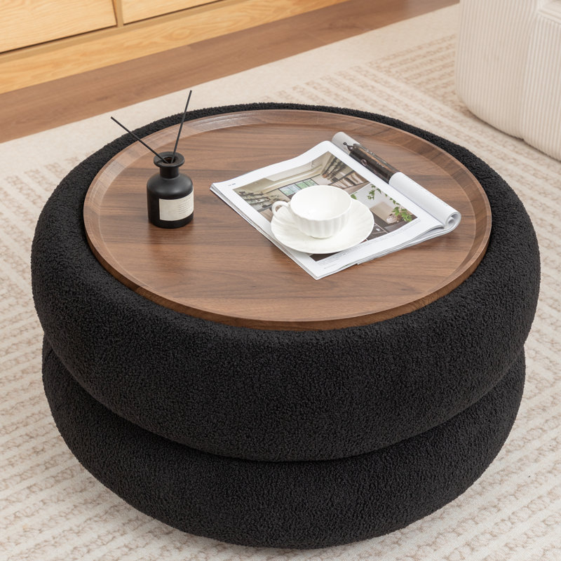 Upholstered Round Storage Ottoman, Black