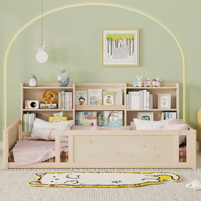 Wooden Platform Floor Bed with Guardrail Fence and Convenient Side Storage Shelves, Space-Saving Kids Bed Frame,  Natural